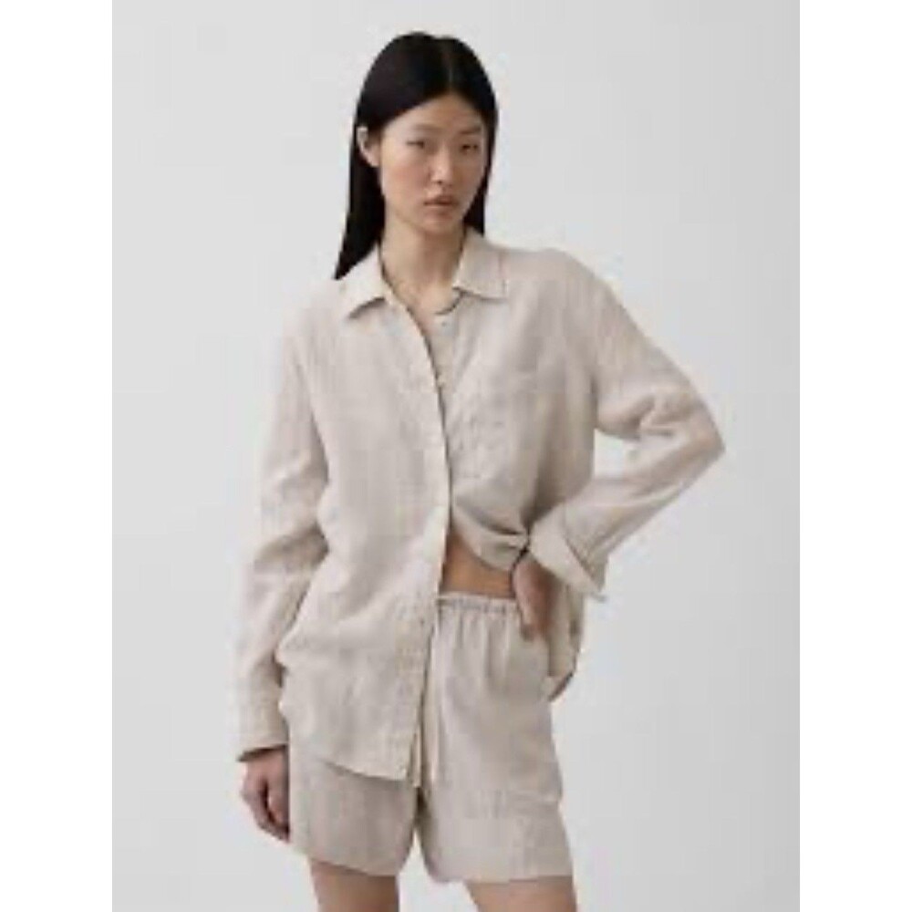 Gap Womens 100% Linen Oversized Shirt Color Flax Beige Small Lagenlook Coastal